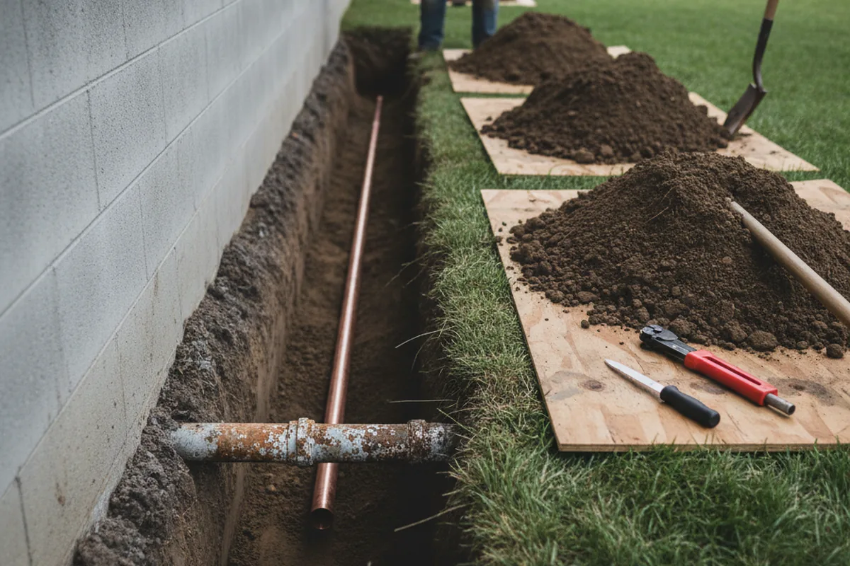Excavated water line trench during Water Softener Installation in Central Valley